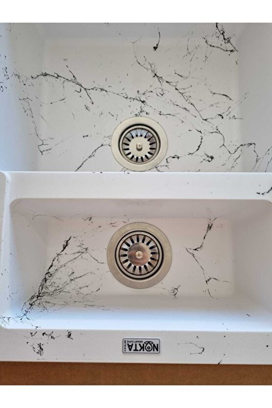 1,5 Göz Beyaz zemin  siyah damar 60x50 Cm Granit Evye  NOKTA EVİYE