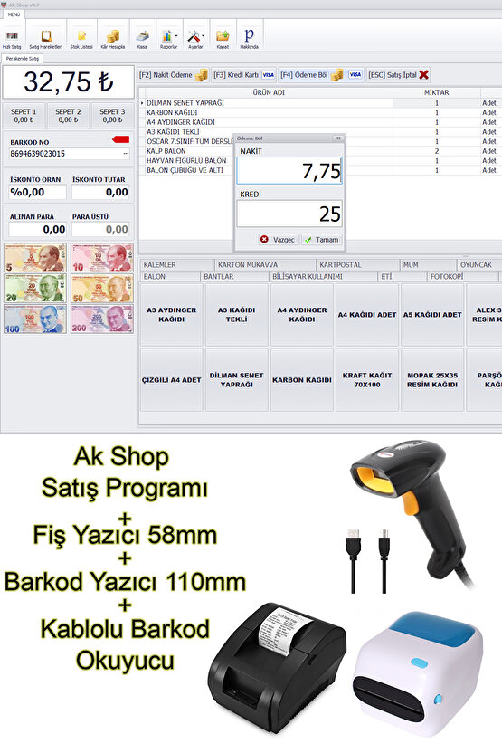 Barkod Satış Sistemi & Market Programı & Fiş Yazıcı & Barkod Yazıcı & Kablolu Barkod Okuyucu