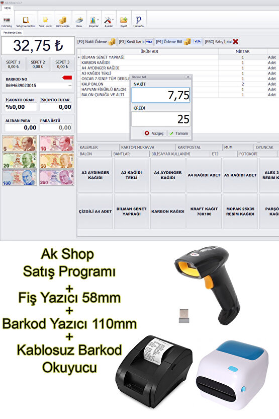 Barkod Satış Sistemi & Market Programı & Fiş Yazıcı & Barkod Yazıcı & Kablosuz Barkod Okuyucu