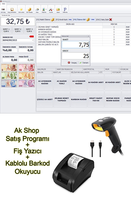 Barkod Satış Sistemi & Market Programı & Fiş Yazıcı & Kablolu Barkod Okuyucu