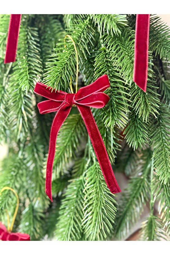 5 Adet Yeniyıl Yılbaşı Ağaç Süsü Hediye Paketi Altın İpli Bordo Kadife El Yapımı İkili Fiyonk