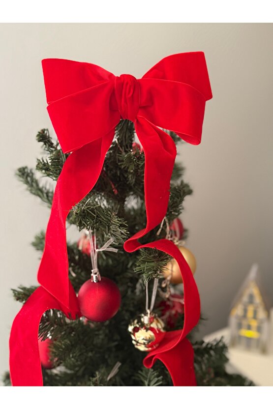 Büyük Kırmızı Kadife Fiyonk Kurdele Ağaç Süsü Yeni yıl,Yılbaşı,Dekor