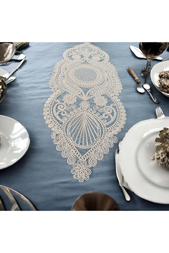 Fransız Dantel Detaylı Tek Runner, Masa Üzerine Runner, Masa Örtüsü