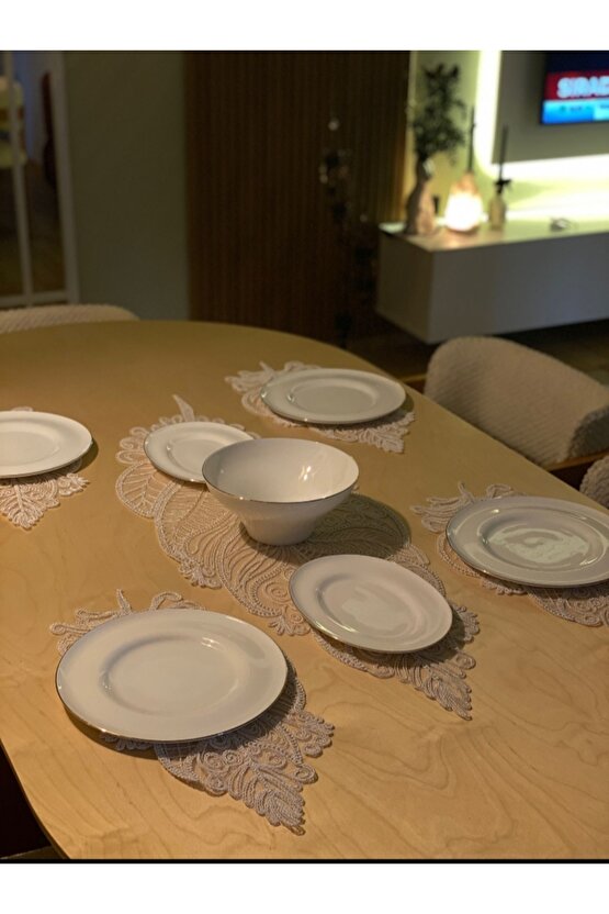 Fransız Dantel Yaprak Model 5 li, Masa Üzerine Runner İşlemeli Dantel (115X35CM)