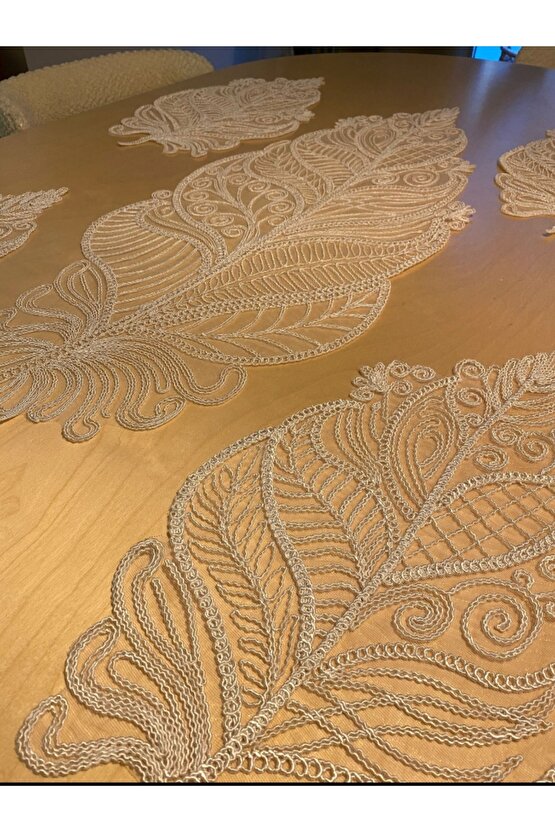 Fransız Dantel Yaprak Model 5 li, Masa Üzerine Runner İşlemeli Dantel (115X35CM)