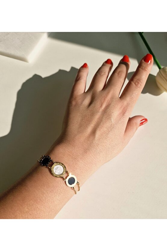 Gold Üç Halkalı Çelik Romen Rakamlı Bileklik