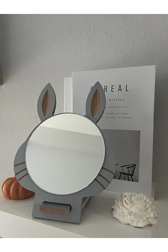 Masaüstü Gri Renk Hediyelik Dekoratif Makyaj Aynasi,tavşan Kulaklı,sevimli Ayna, Çocuk Ve Genç Ayna,