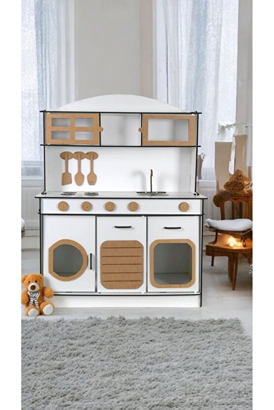 Montessori Ahşap Oyuncak Mutfak– 6mm Kalın MDF, Dayanıklı ve Şık Tasarım, Eğitici Çocuk Oyun Mutfağı