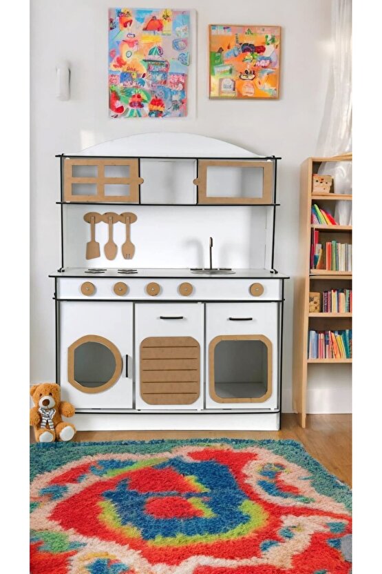 Montessori Ahşap Oyuncak Mutfak– 6mm Kalın MDF, Dayanıklı ve Şık Tasarım, Eğitici Çocuk Oyun Mutfağı