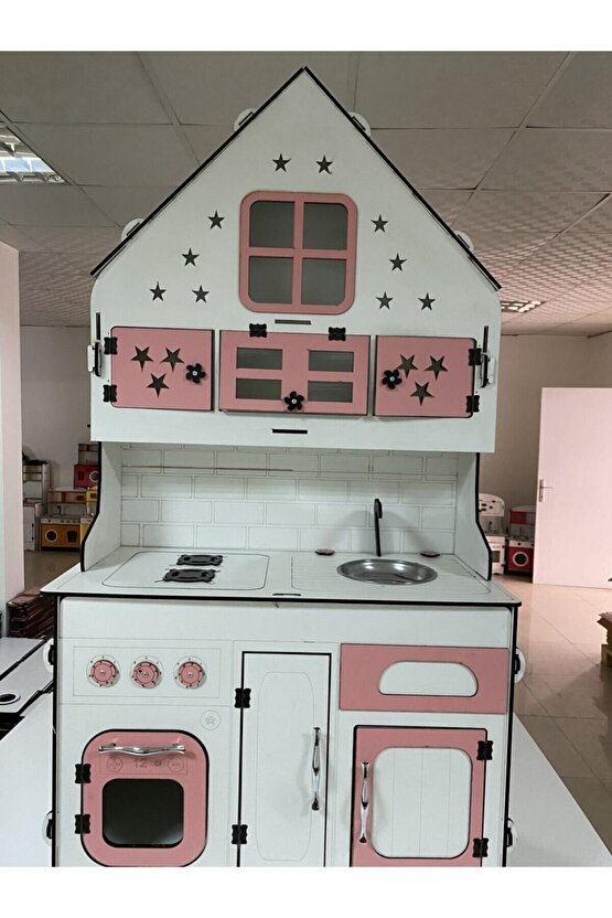 Ahşap Oyuncak Mutfak, Oyuncak Mutfak, Özel Tasarım Büyük Boy Ahşap Oyuncak Mutfak Pembe-beyaz