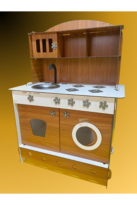 Montessori Eğitici Ahşap Çocuk Oyuncak Mutfak Dolabı Ceviz 3 Mm 84x60 Cm