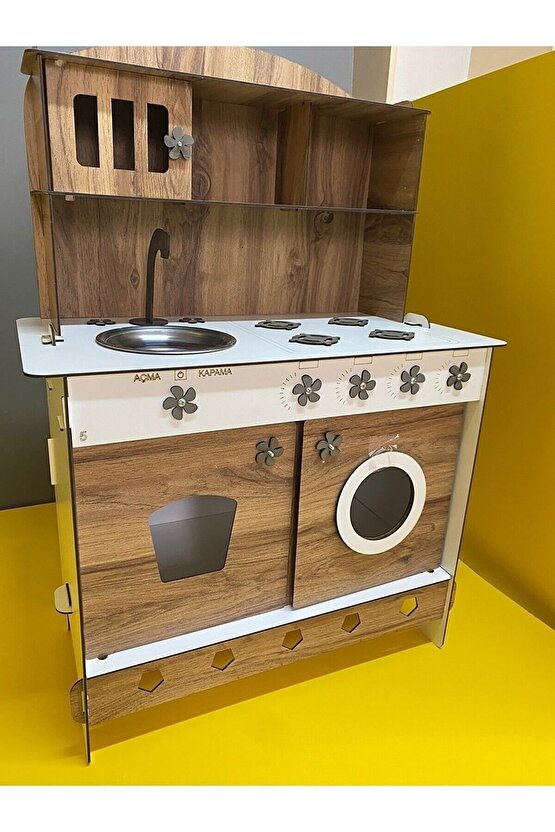 Montessori Eğitici Ahşap Çocuk Oyuncak Mutfak Dolabı Ceviz 3 Mm 84x60 Cm