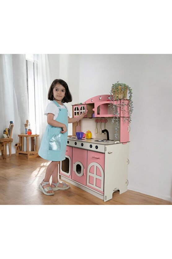 Oyuncak Mutfak, 3mm Büyük Boy Pembe Ahşap Oyuncak Mutfak, Mutfak Seti Oyuncak