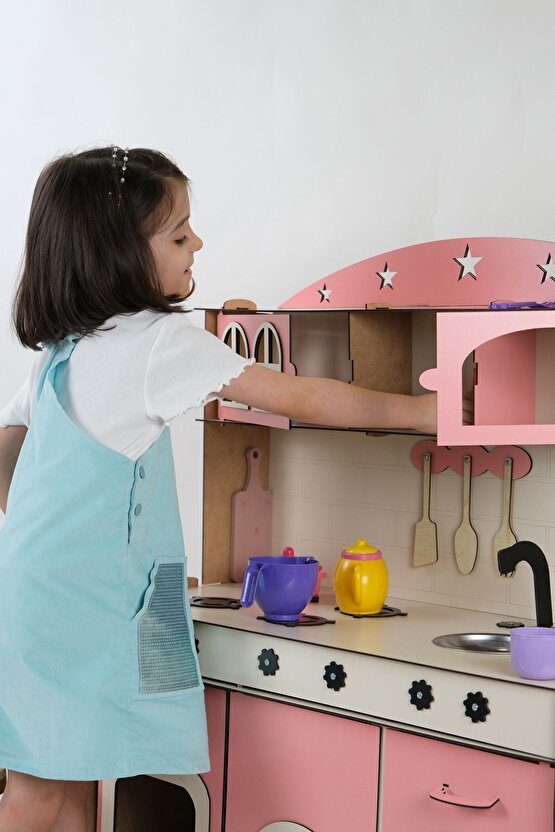 Oyuncak Mutfak, 3mm Büyük Boy Pembe Ahşap Oyuncak Mutfak, Mutfak Seti Oyuncak