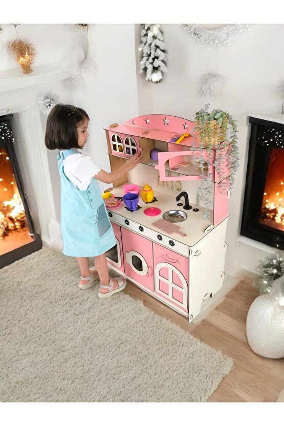Oyuncak Mutfak, 3mm Büyük Boy Pembe Ahşap Oyuncak Mutfak, Mutfak Seti Oyuncak