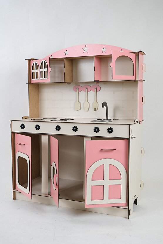 Oyuncak Mutfak, 3mm Büyük Boy Pembe Ahşap Oyuncak Mutfak, Mutfak Seti Oyuncak