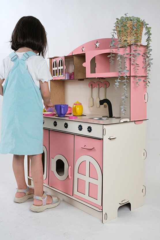 Oyuncak Mutfak, 3mm Büyük Boy Pembe Ahşap Oyuncak Mutfak, Mutfak Seti Oyuncak