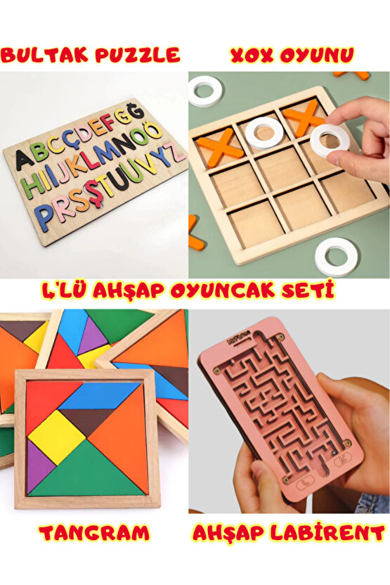 4lü Ahşap Oyuncak Seti - Tangram, Bultak Puzzle, XOX Oyunu, Ahşap Labirent Oyunu