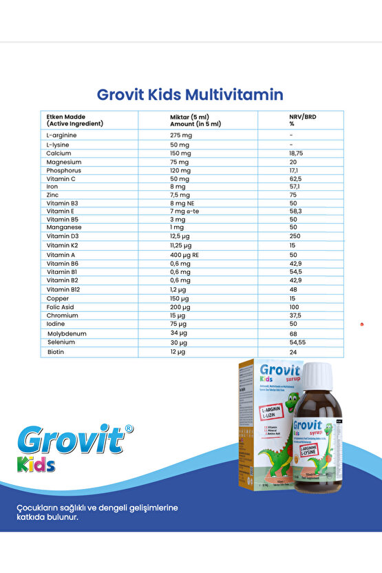 Grovit Kids Arjinin, Lizin, Multivitamin ve Multimineral İçeren Sıvı Takviye Edici Gıda 150ml