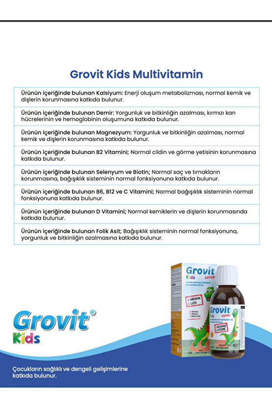 Grovit Kids Arjinin, Lizin, Multivitamin ve Multimineral İçeren Sıvı Takviye Edici Gıda 150ml