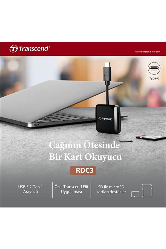 TS-RDC3 SDmicroSD, USB 3.2 Gen 1, Siyah, Type C Kart Okuyucu