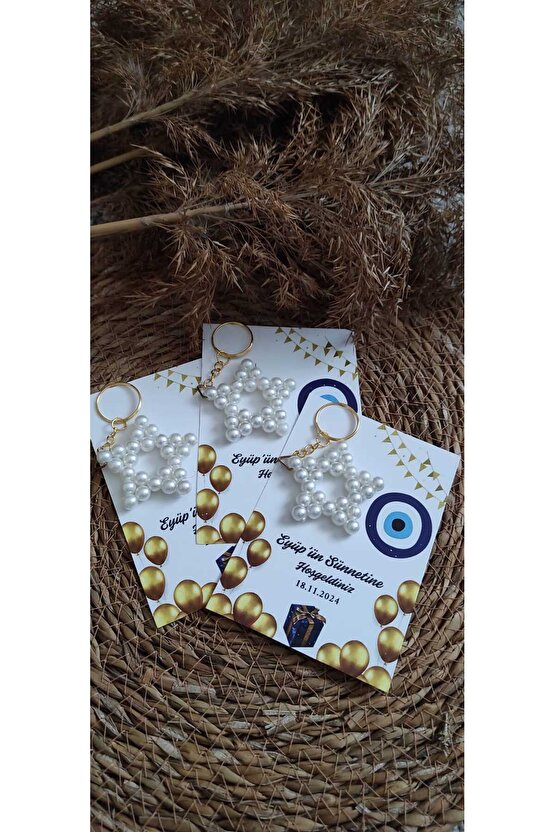 Sünnet Hediyelik Incili Yıldız Anahtarlık 4 Adet Anı Kartlı Nazar Boncuklu