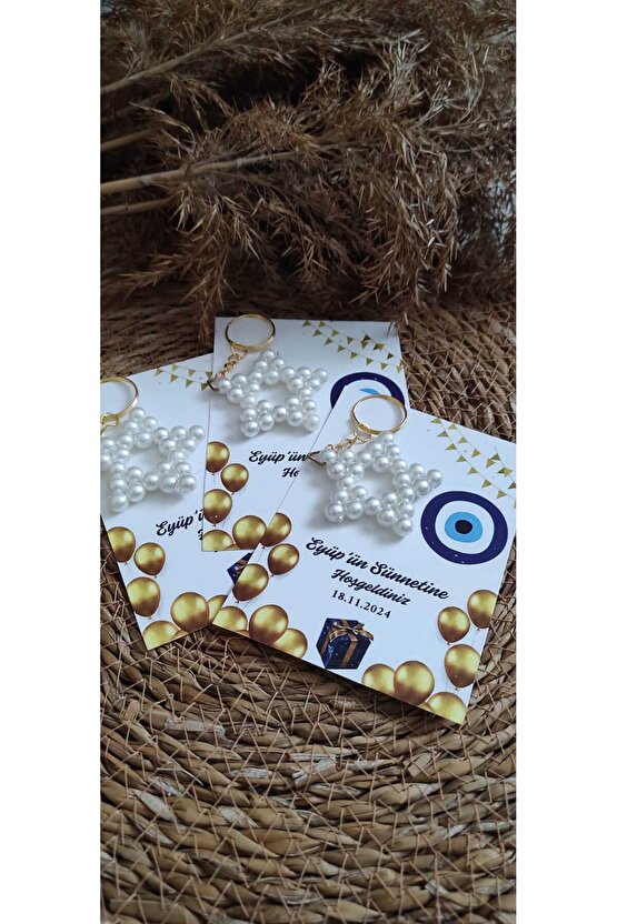 Sünnet Hediyelik Incili Yıldız Anahtarlık 4 Adet Anı Kartlı Nazar Boncuklu