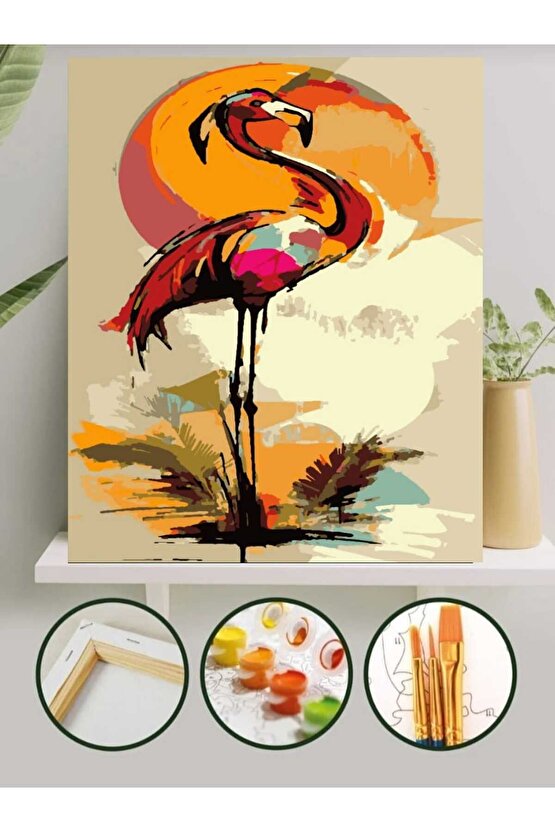 Sayılarla Boyama Kasnaklı Tablo Seti Fırça Boya Dahil 40x50 Sanatsal Flamingo