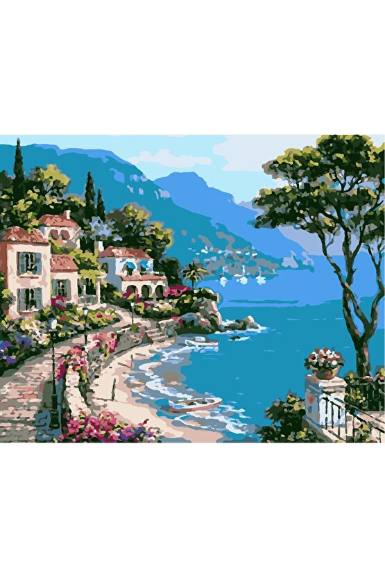 Sayılarla Boyama Kasnaklı Tablo Seti Fırça Boya Dahil 40x50 Sahil Kasabası1