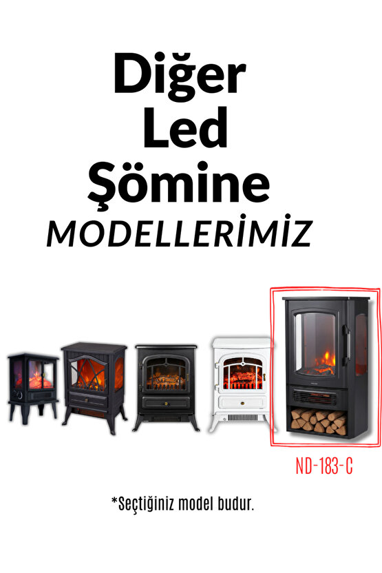 XLarge Elektrikli Şömine & Elektrikli Soba Fanlı Isıtıcı, LED Odun Efekti, Metal Kasa ND-183C