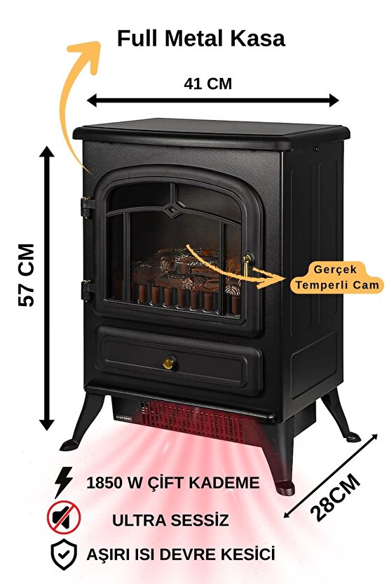 Elektrikli Şömine Siyah 1850 W Metal Kasa, Fanlı şömine, Elektrikli Soba , Gold Kulp ,Gold detaylı
