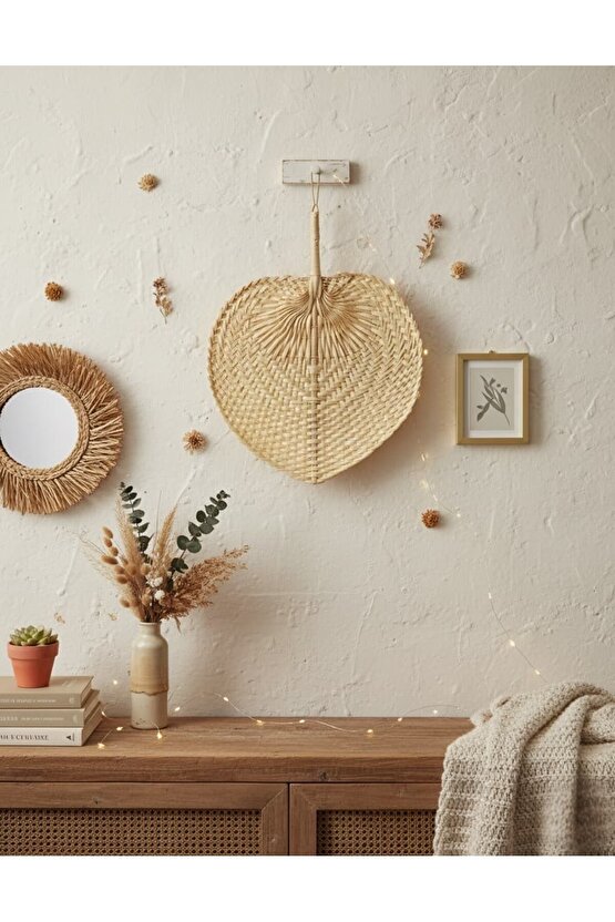 Doğal Bambu Kalp Yelpaze Bohem Duvar Süsü El Örgüsü, Dekoratif