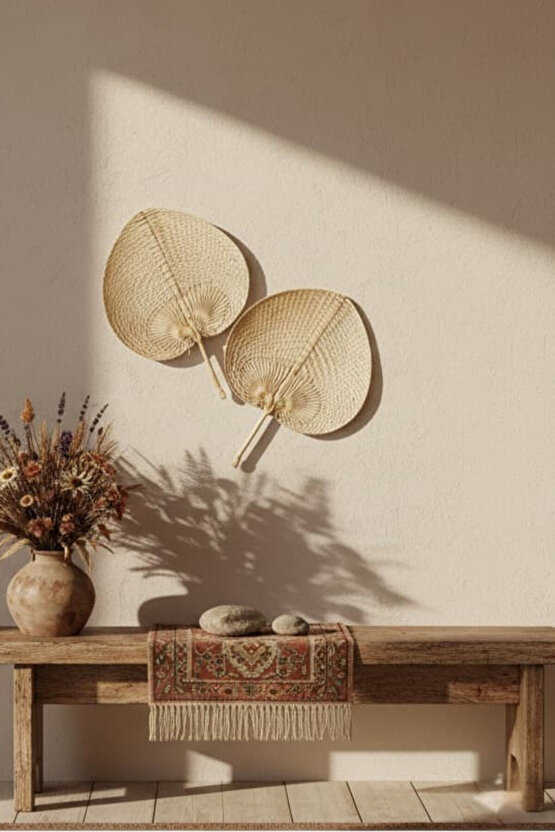 Doğal Bambu Kalp Yelpaze Bohem Duvar Süsü El Örgüsü, Dekoratif
