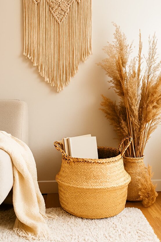Doğal Rattan El Örgüsü Hasır Sepet | Bohem FLÅDIS Tarz Dekoratif Saklama Sepeti