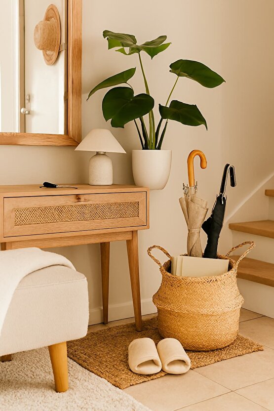 Doğal Rattan El Örgüsü Hasır Sepet | Bohem FLÅDIS Tarz Dekoratif Saklama Sepeti