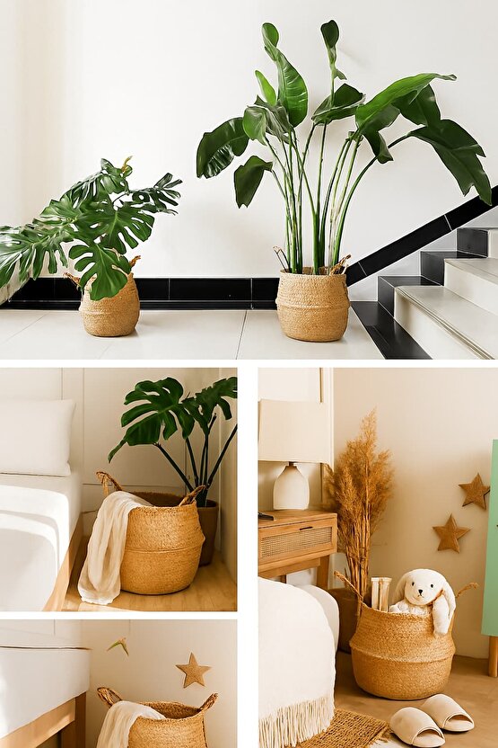 Doğal Rattan El Örgüsü Hasır Sepet | Bohem FLÅDIS Tarz Dekoratif Saklama Sepeti