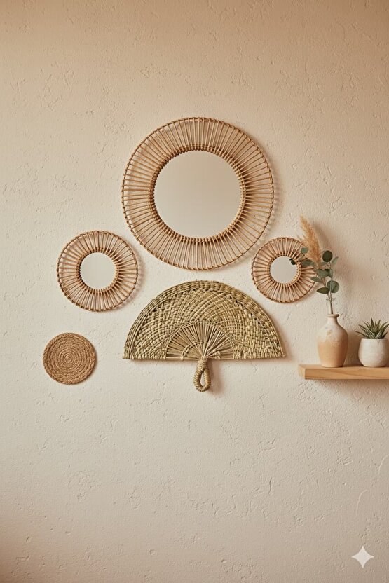 Rattan Hasır Duvar Yelpazesi | El Örgüsü Bohem Dekoratif Duvar Süsü