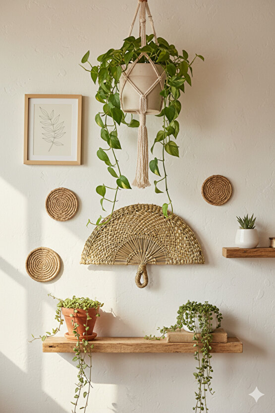 Rattan Hasır Duvar Yelpazesi | El Örgüsü Bohem Dekoratif Duvar Süsü