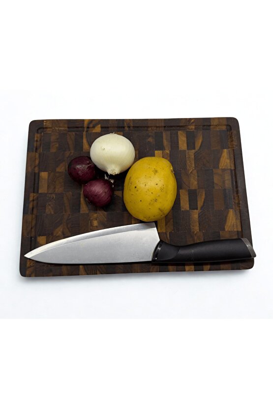 Tik Chef Kesme Tahtası Large Boy ENDGRAIN 35×25×4 cm Masif Ahşap Doğrama tahtası Sunum Tahtası