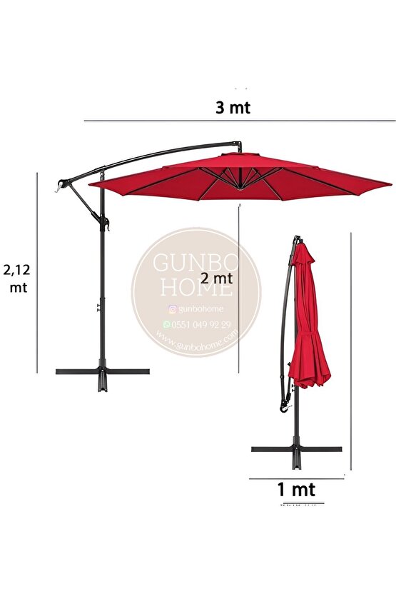3 Mt 8 Kaburga Full Demir 21 Kg Kırmızı Bahçe Şemsiyesi Full Set Havuz Şemsiyesi Büyük Şemsiye