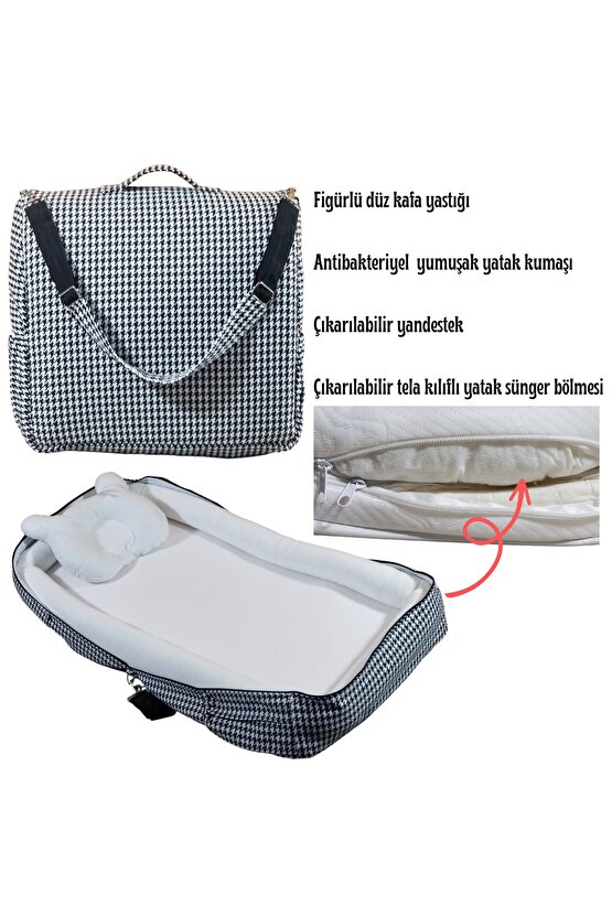 Çantalı Babynest, Bebek Çantası, Taşına Bilir Ebeveyn Yanı Reflü Yatağı Kazayağı Desenli