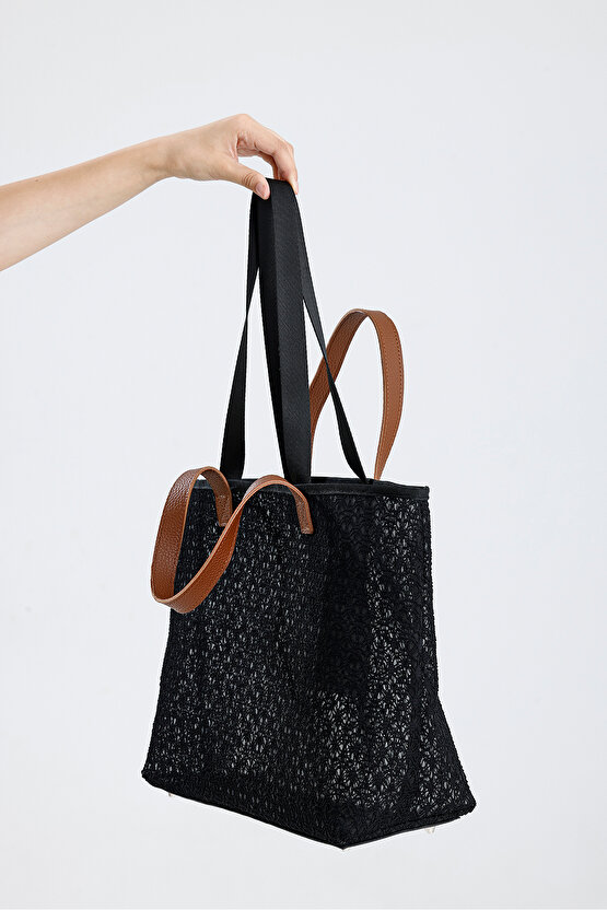 Kadın Siyah Dantel Desenli Büyük Boy Plaj Ve Alışveriş Shopper Tote Omuz Çantası