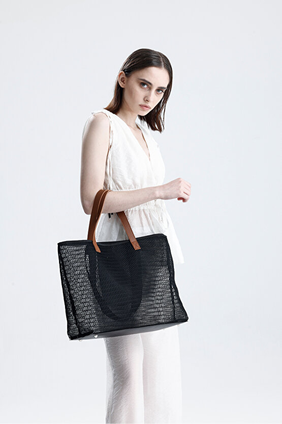 Kadın Siyah Petek Desenli Şeffaf Büyük Boy Plaj Ve Alışveriş Shopper Tote Omuz Çantası