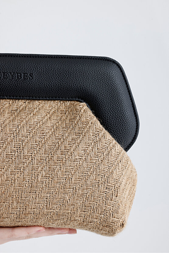 Heybes Kadın Siyah Çerçeveli Balık Sırtı Jüt Clutch El Çantası