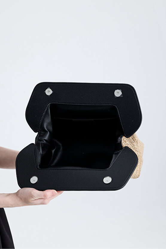 Heybes Kadın Siyah Çerçeveli Balık Sırtı Jüt Clutch El Çantası