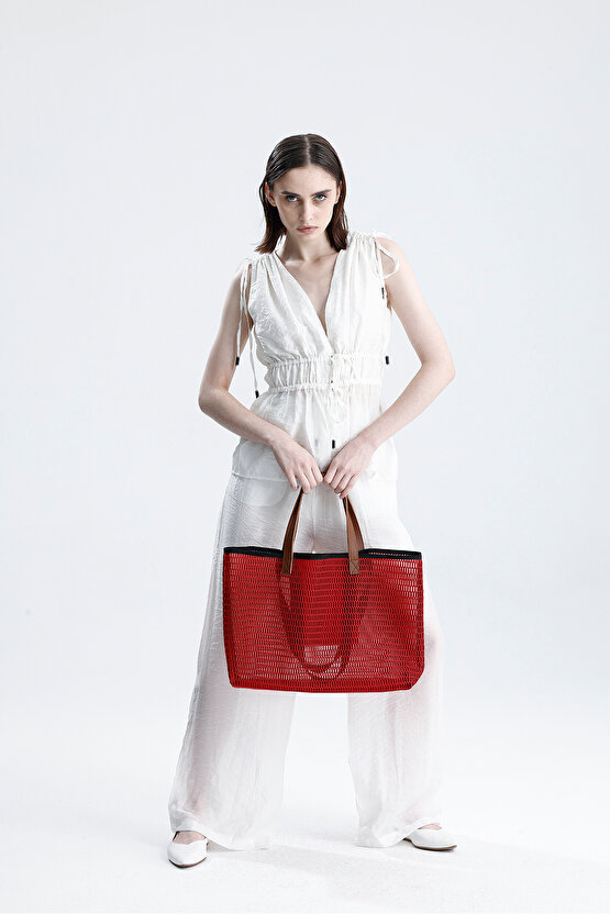 Kadın Kırmızı Petek Desenli Şeffaf Büyük Boy Plaj Ve Alışveriş Shopper Tote Omuz Çantası