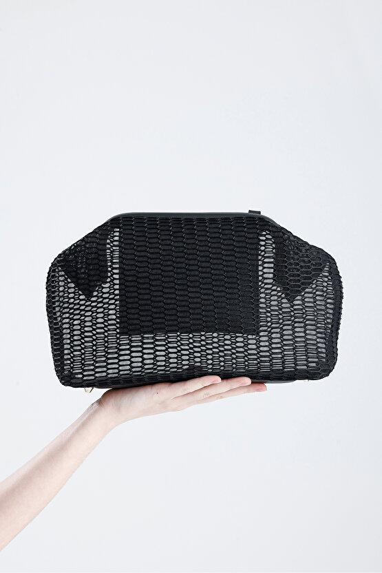Heybes Kadın Siyah Petek Desenli Şeffaf Clutch El Çantası