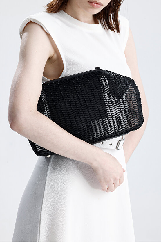 Heybes Kadın Siyah Petek Desenli Şeffaf Clutch El Çantası