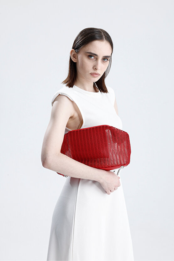 Heybes Kadın Kırmızı Petek Desenli Şeffaf Clutch El Çantası