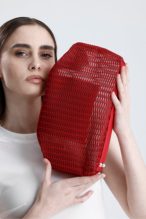 Heybes Kadın Kırmızı Petek Desenli Şeffaf Clutch El Çantası